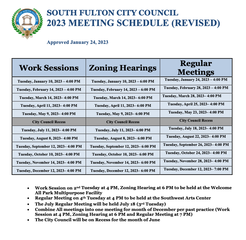 City of South Fulton, GA 2023 Work Session, Zoning Hearing & Regular Meetings Schedule khalidCares.com/News