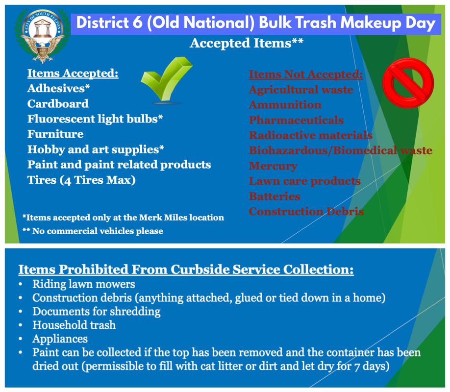 Councilman khalid is working with several companies to provide a make-up Bulk Trash Day Saturday, November 14 for those who missed the Citywide October event. Seniors in Old National District 6 can schedule Curbside Pickup of their Bulk Trash using the form at khalidCares.com/Trash