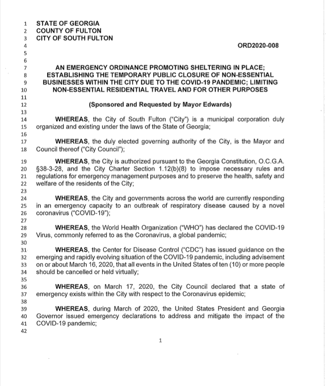 Thursday, April 2, 2020 -- Atlanta's twin city South Fulton Georgia issued a Shelter-In-Place order and extended it's Citywide curfew to run concurrent with Georgia Governor's Brian Kemp's oder, issued the same day. khalidCares.com