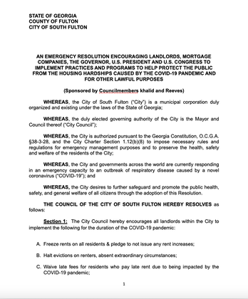 City of South Fulton, GA Councilman khalid authored a Resolution calling for government & business to suspend Rent & Mortgage payments for families affected by COVID-19 khalidCares.com/Policy