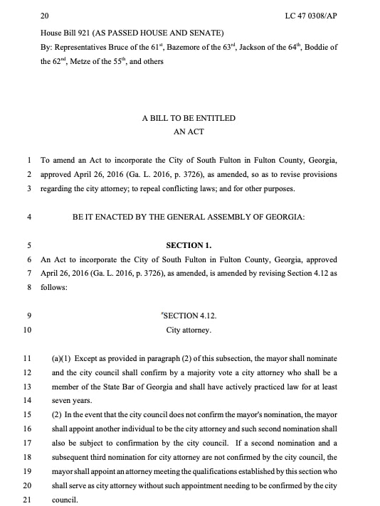 House Bill 921 alters South Fulton's City Charter (the city's 
