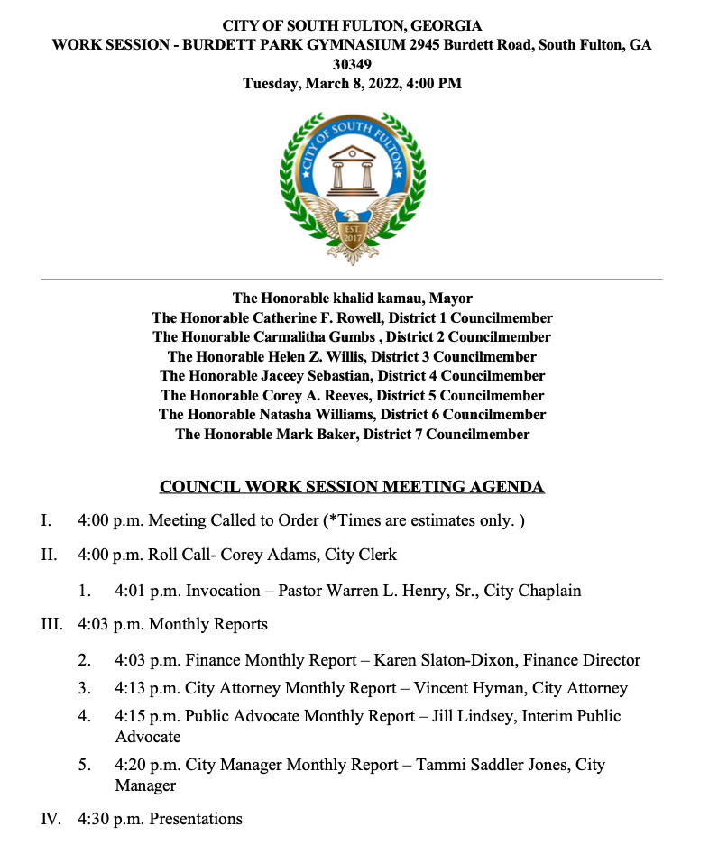 South Fulton's Feb 8 Work Session Agenda will include discussion of a forensic audit in addition to bonuses for police and all other city employees. khalidCares.com/News