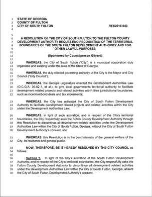 In September 2019, South Fulton, Georgia's City Council passed Resolution 2019-043, calling on County to advise and seek consent from City Authority before going forward with real estate development within South Fulton's city limits. khalidCares.com/removal