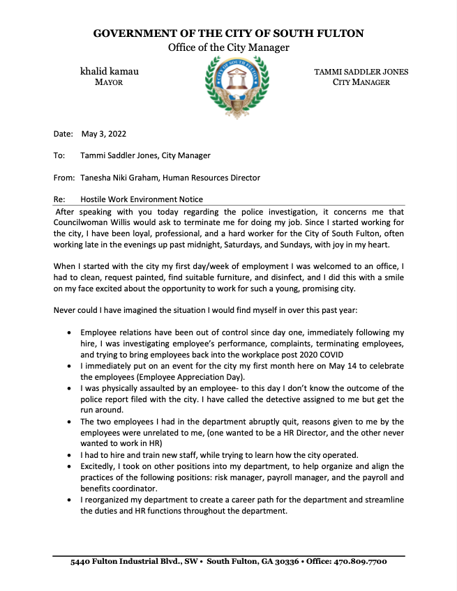 South Fulton's Human Resources Director notifies the City Manager of several instances of a hostile work environment (2022) khalidCares.com/News