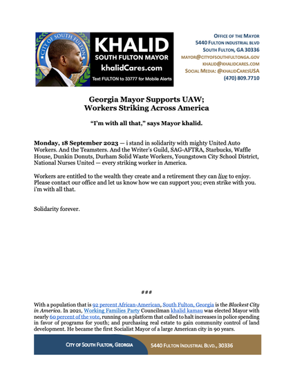 Socialist Mayor of America's Blackest City Supports UAW; Striking Workers (18 Sept 2023, www.khalidCares.com)