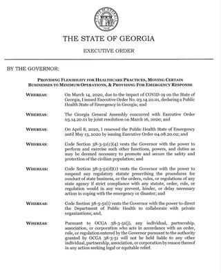 Read the full text of Georgia Governor Brian Kemp's April 20 Executive Order to re-open Georgia khalidCares.com/Survive