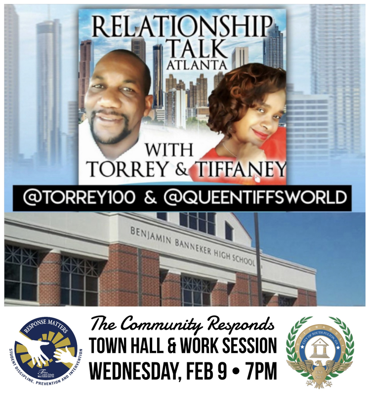 Banneker High School graduates Torrey & Tiffaney Tomlinson revive their top-rated talk show to join South Fulton Mayor khalid for a Town Hall & Work Session with community leaders about the Banneker High School stabbing and how to build stronger ties between the school system, 